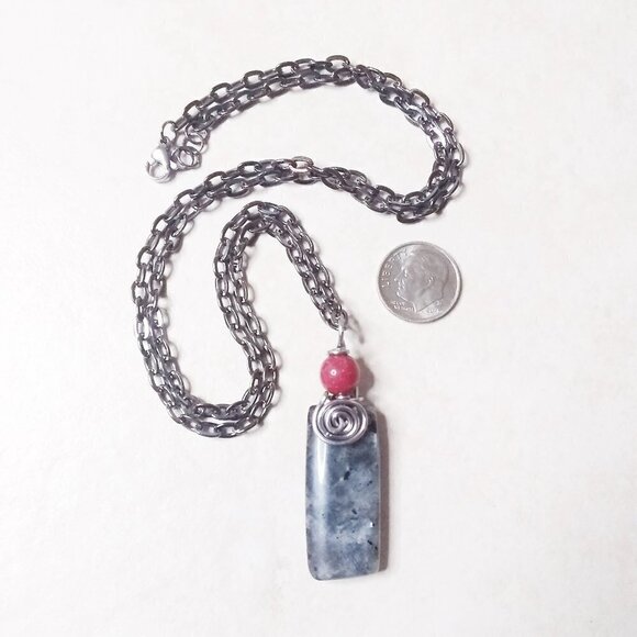 Black, Silver + Grey Norwegian Larvikite Bar Pendant + Gunmetal Black Chain - Picture 2 of 10